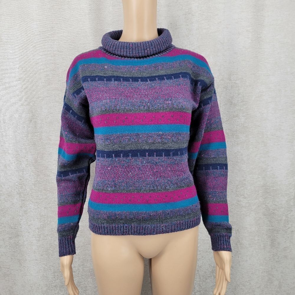 Vintage 80s Turtleneck Sweater Striped Gray Teal Fuschia Pink By College Town
